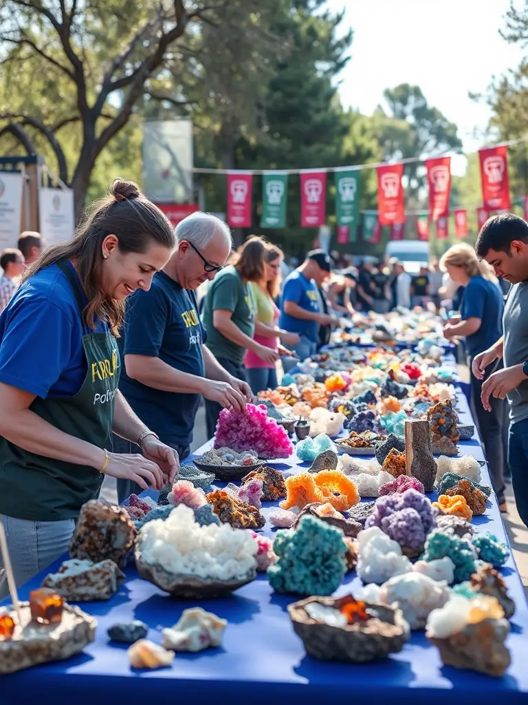 A photograph of volunteers setting up a mineral display at a community event, showcasing the beauty and diversity of minerals.