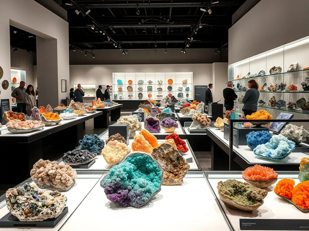 A photograph of a mineral exhibition with various colorful mineral specimens on display.