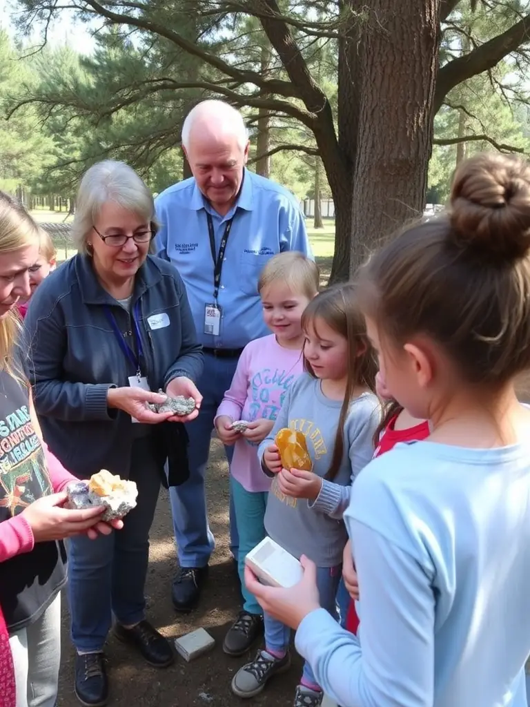 A photograph of a CC MINERALS outreach program, where association members are teaching children about mineral formation and geological processes.