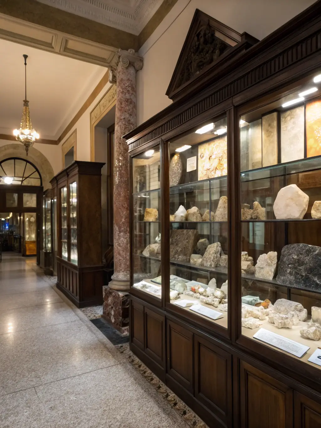 A photograph of an educational exhibition at CC MINERALS, featuring diverse mineral displays and interactive learning stations for children and adults.