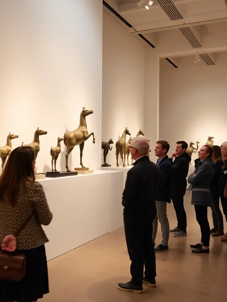 A photograph of a guided tour through a mineral exhibition, with a knowledgeable guide pointing out interesting features of the displayed minerals.