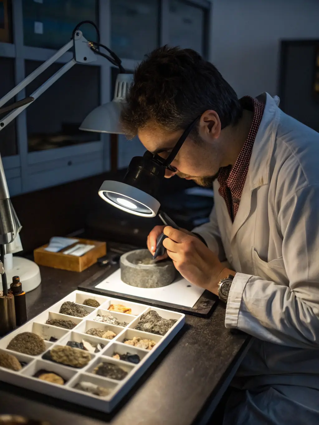 A photograph of researchers analyzing mineral samples in a laboratory setting, using microscopes and other scientific equipment.