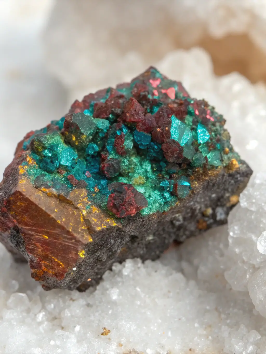 A close-up shot of a rare mineral specimen on display at a CC MINERALS exhibition, highlighting its unique crystalline structure and vibrant colors.