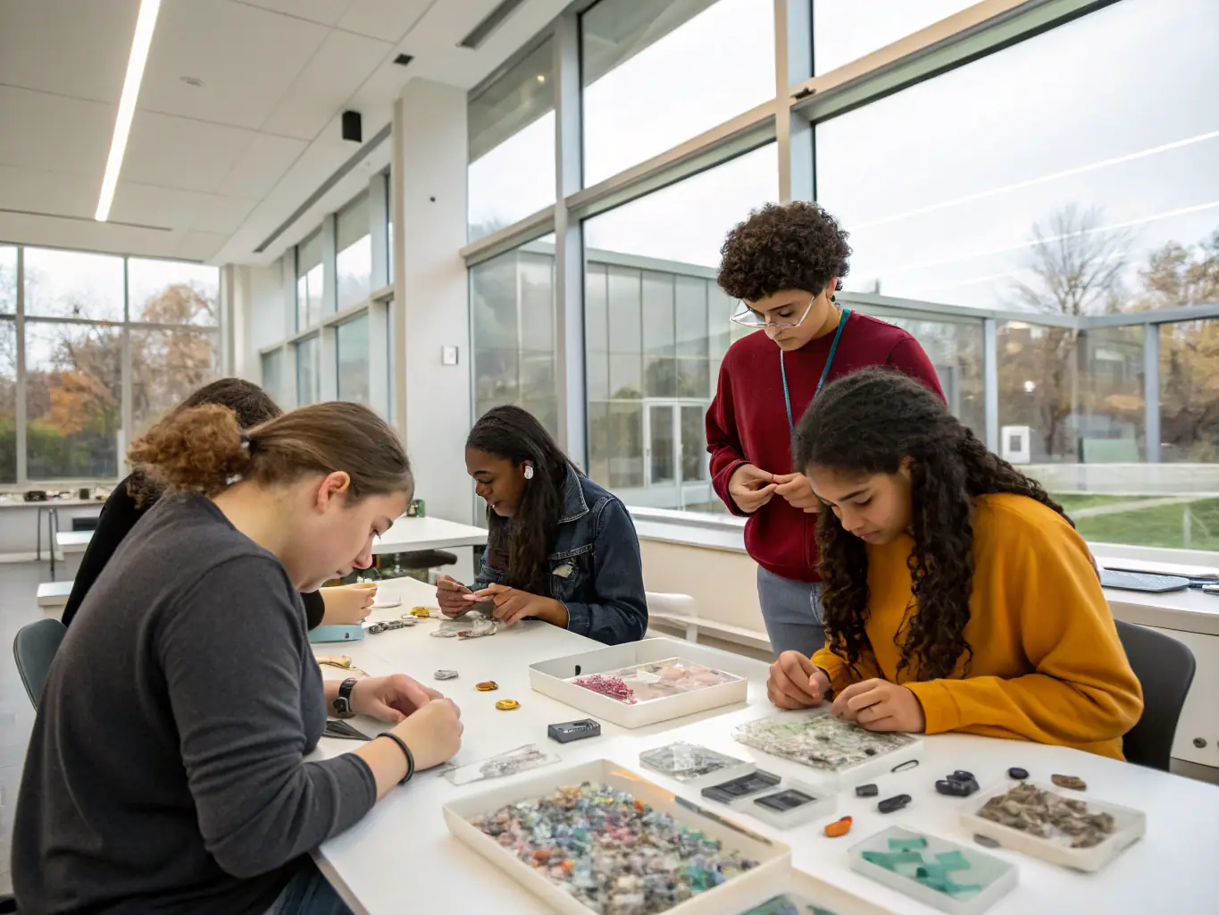 A group of people participating in a hands-on mineral identification workshop, using magnifying glasses and tools.